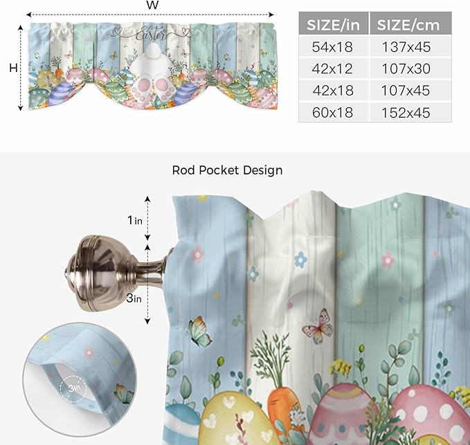 Easter Tie Up Valance Curtains for Windows, Kitchen Curtains Window Shades, Spring Rabbit Ears Foot Flowers Eggs Green Wooden Light Filtering Roman Curtain Valances for Bedroom/Bathroom/Cafe 42"x18"