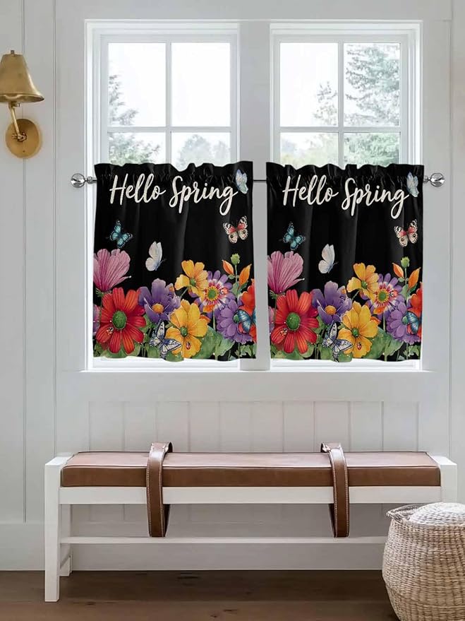 Spring Flowers Half Window Curtains 24 Inches Long, Watercolor Country Colorful Floral Black Window Treatment Curtain Drapes, Short Curtains Tiers for Kitchen Over Sink, 27.5"x24", 2 Panels
