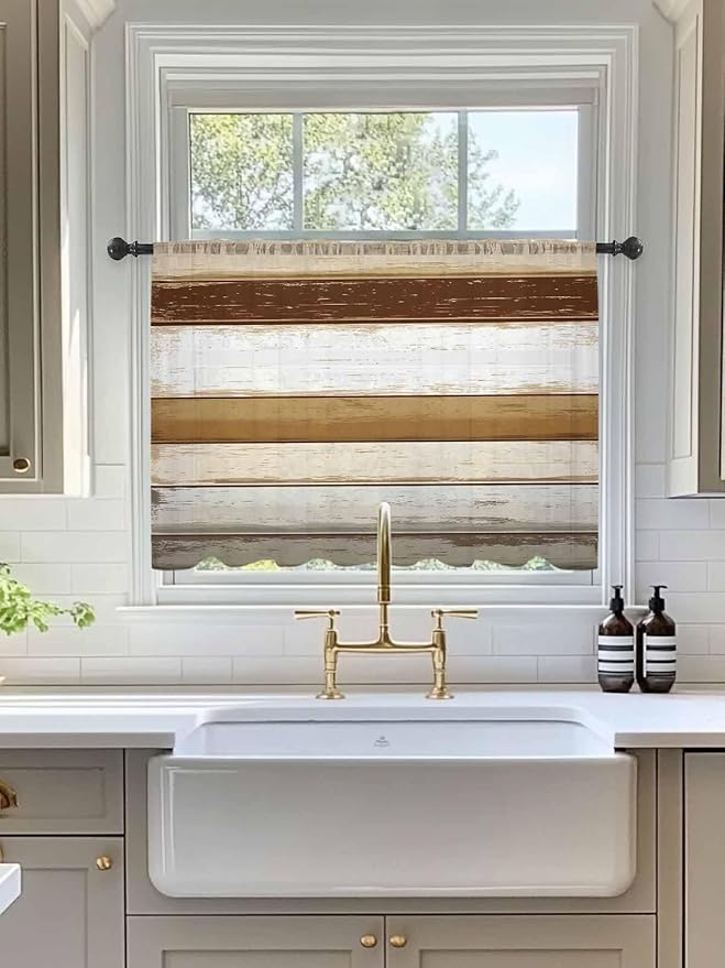 Sheer Curtains 45 Inch Length, Brown Wood Grain Semi Sheer Curtains Light Filtering Window Treatment, Vintage Country Geometric Striped Privacy Voile Drapes for Living Room Bedroom 52x45 Inch