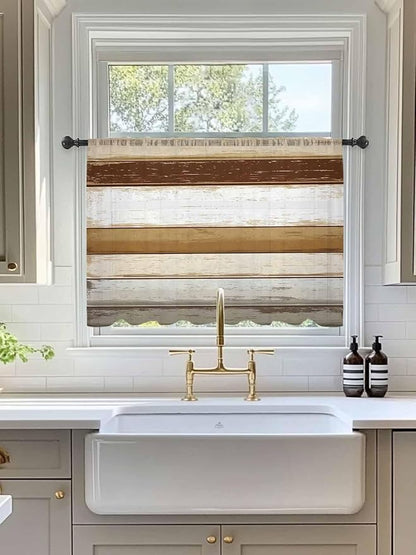 Sheer Curtains 45 Inch Length, Brown Wood Grain Semi Sheer Curtains Light Filtering Window Treatment, Vintage Country Geometric Striped Privacy Voile Drapes for Living Room Bedroom 52x45 Inch