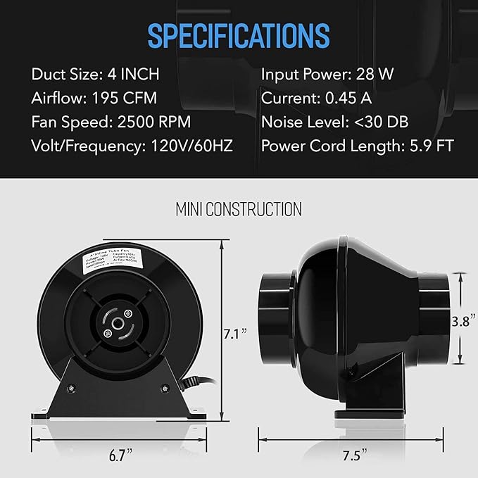 iPower 4 Inch 195 CFM Inline Fan Circulation Exhaust Blower, Air Carbon Filter, 8 Feet Ducting and 1-Pair Rope for Grow Tent Ventilation, Low Noise, 4'' Ventilatin System, Black
