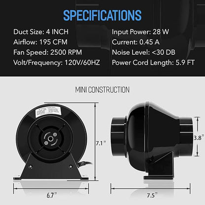 iPower 4 Inch 195 CFM Inline Fan Circulation Exhaust Blower, Air Carbon Filter, 8 Feet Ducting and 1-Pair Rope for Grow Tent Ventilation, Low Noise, 4'' Ventilatin System, Black