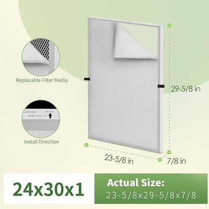 24x30x1 Reusable Air Filter MERV 8 Washable Furnace & AC Filter with 2 Extra Media Pads, Aluminum Electrostatic Air Filters for Home, Fits HVAC System, Air Conditioner, Air Handler