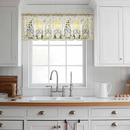 Rustic Lemon Gnomes Sheer Valance Curtains, Summer Fruit Leaves Retro Linen Texture Light Filtering Kitchen Valances Rod Pocket Voile Curtain Window Treatment for Bedroom/Living Room/Basement 42Wx12L