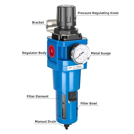 NANPU 1" NPT Compressed Air Filter Regulator Combo Piggyback, 5 Micron Brass Element, Poly Bowl, Manual Drain, Metal Bracket, 0-150 psi Gauge -AW5000-10M