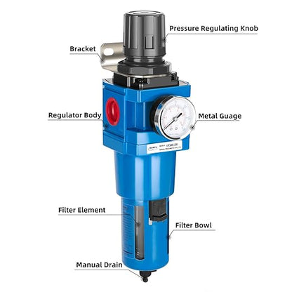 NANPU 1" NPT Compressed Air Filter Regulator Combo Piggyback, 5 Micron Brass Element, Poly Bowl, Manual Drain, Metal Bracket, 0-150 psi Gauge -AW5000-10M