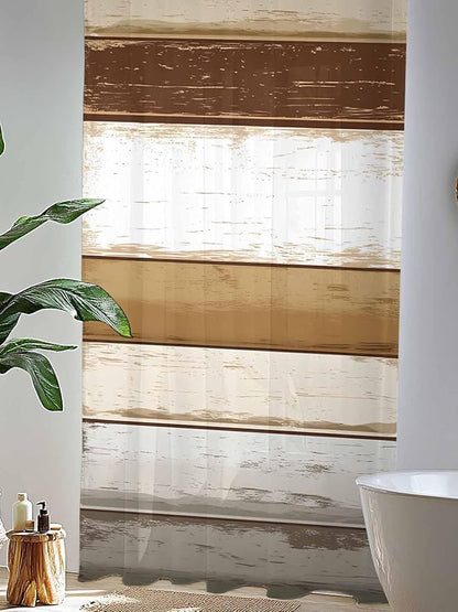 Sheer Curtains 84 Inches Long, Brown Wood Grain Semi Sheer Curtains Light Filtering Window Treatment, Vintage Country Geometric Striped Privacy Voile Drapes for Living Room Bedroom 52x84 Inch