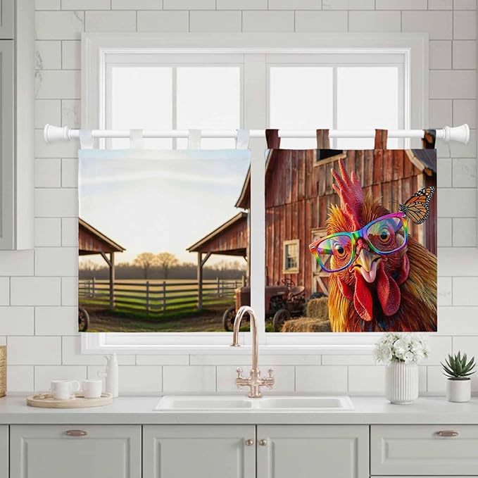 Farm Rooster Kitchen Curtains 24 Inch Length, Small Window Curtains Tab Top, Farmhouse Barn Funny Animals Butterfly Light Filtering Short Window Treatments Tier Drapes 27.5"x24" 2 Panel
