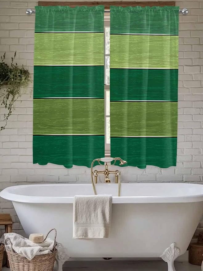Farm Retro Green Wood Grain Window Valance Curtains, Rustic Wooden Plank Texture Light Filtering Kitchen Valance with 3-inch Rod Pocket for Living Room Bathroom Bedroom,2 Panel,42x63In