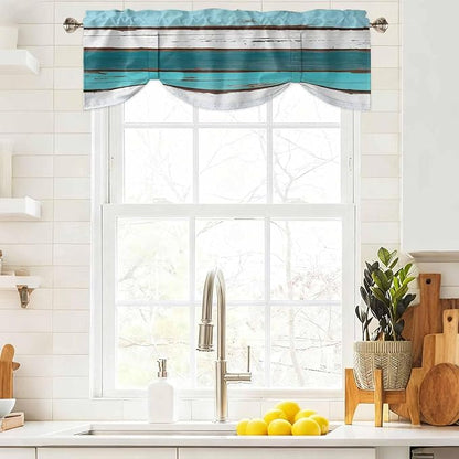 Turquoise Teal Tie Up Valance Curtains for Windows, Kitchen Curtains Window Shades, Farmhouse Retro Ombre Wooden Grain Light Filtering Roman Curtain Valances for Bedroom/Bathroom/Cafe 60"x18"