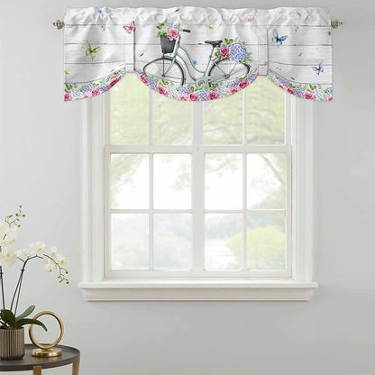 Spring Tie Up Valance Curtains for Windows, Kitchen Curtains Window Shades, Bicycles Botanical Rose Leaves Butterfly Wood Grain Light Filtering Roman Curtain Valances for Bedroom/Bathroom/Cafe 42"x18"
