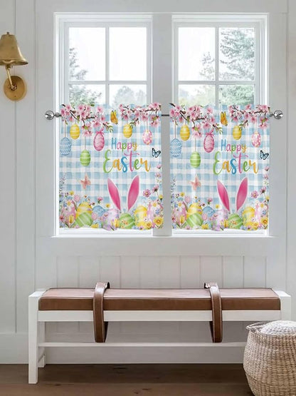 Happy Easter Half Window Curtains 24 Inches Long, Spring Watercolor Bunny Eggs Flower Blue Plaid Window Treatment Curtain Drapes, Short Curtains Tiers for Kitchen Over Sink, 27.5"x24", 2 Panels