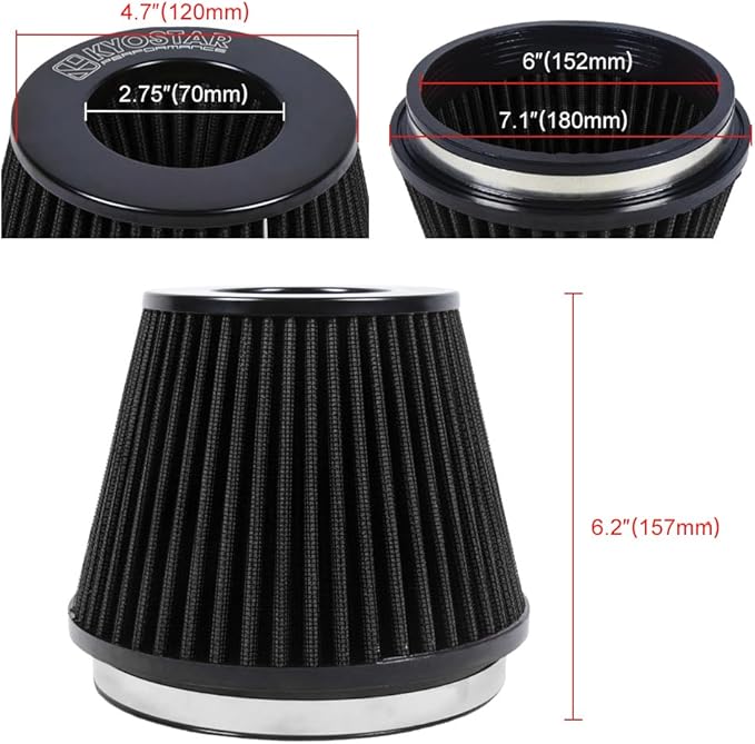 KYOSTAR Universal 6" (152mm) High-Flow Air Filter, Reusable Cone Cold Air Intake, High Performance, Washable, Clamp-On Car High Flow Air Kit, Flange Diameter: 6 Inch, Filter Height: 6.2 Inch, Black