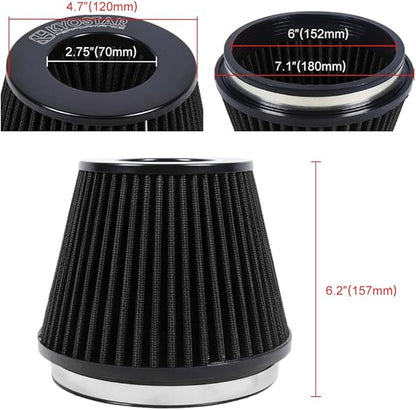 KYOSTAR Universal 6" (152mm) High-Flow Air Filter, Reusable Cone Cold Air Intake, High Performance, Washable, Clamp-On Car High Flow Air Kit, Flange Diameter: 6 Inch, Filter Height: 6.2 Inch, Black