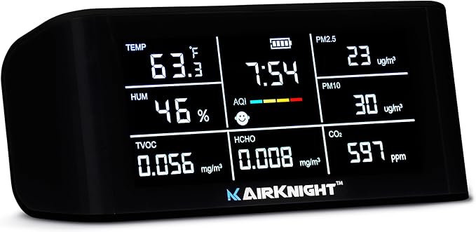 AirKnight Premium Indoor Air Quality Monitor Indoor & Air Quality Sensor. VOC detector, CO2 Monitor, Formaldehyde Detector HCHO, AQI, PM2.5, PM10 Temperature Humidity Air Monitor AQI CO2 Meter Gas Off