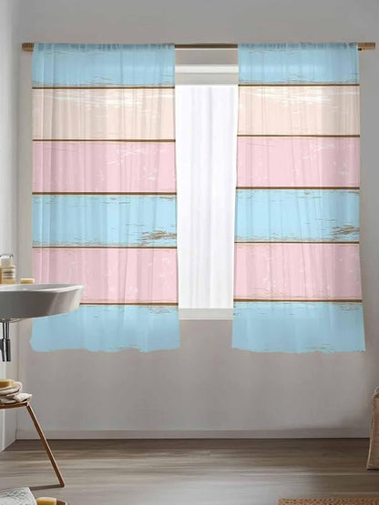 Sheer Curtains 72 Inches Long, Pink Blue Wood Grain Semi Sheer Curtains Light Filtering Window Treatment, Farmhouse Country Shabby Striped Privacy Voile Drapes for Living Room Bedroom 52x72 Inch