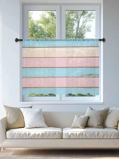 Sheer Curtains 45 Inch Length, Pink Blue Wood Grain Semi Sheer Curtains Light Filtering Window Treatment, Farmhouse Country Shabby Striped Privacy Voile Drapes for Living Room Bedroom 52x45 Inch