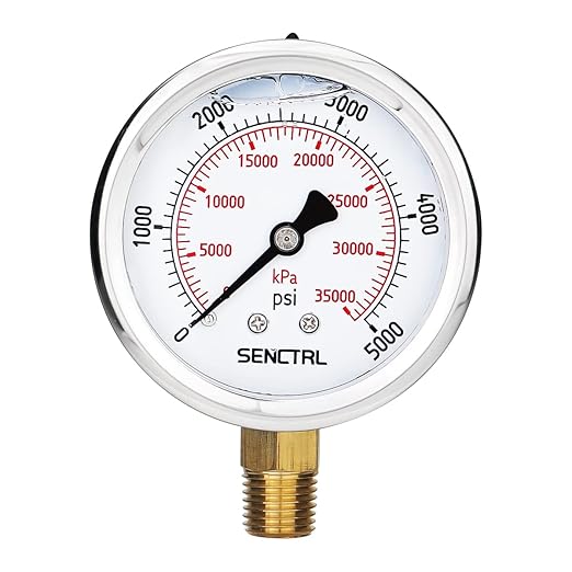 SENCTRL 5000 Psi Glycerin Liquid Filled Hydraulic High Pressure Gauge, 2.5" Dial Size, 1/4" NPT Lower Mount, Stainless Steel Case, for Air Gas Water Oil Pressure Test