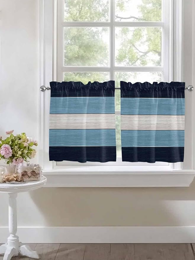 Vintage Country Woodcuts Window Valance Curtains, Blue Gradient Striped Light Filtering Kitchen Valance with 3-inch Rod Pocket for Living Room Bathroom Bedroom,2 Panel,27.5x36In