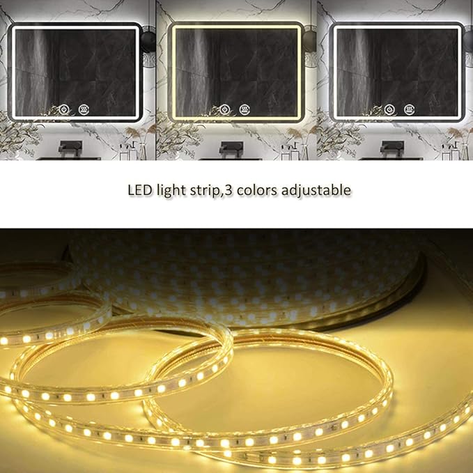 Rectangle Bathroom Mirror with Lights Touch Control Switch Demister Pad,3 Color Lighting Modes