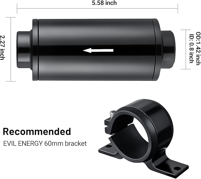 EVIL ENERGY Inline Fuel Filter 30 Micron with Barb 1/2", 3/8", 5/16" Fitting Adapter, Bracket Clamp 60MM Universal Aluminum Black for Gasoline, Diesel, Rubber Fuel Line