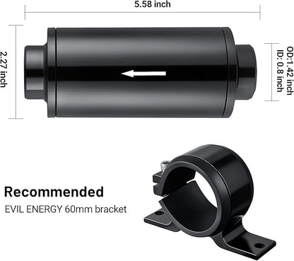 EVIL ENERGY Inline Fuel Filter 30 Micron with Barb 1/2", 3/8", 5/16" Fitting Adapter, Bracket Clamp 60MM Universal Aluminum Black for Gasoline, Diesel, Rubber Fuel Line