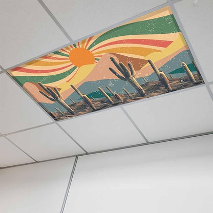Fluorescent Light Covers for Ceiling Lights Cactus Desert Magnetic Light Filters 1 Pack 4x2 ft Boho Abstract Sun Mountain Rainbow Ceiling Lights Cover for Classroom Office School Home Drop Lamp Decor