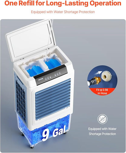 VEVOR Evaporative Air Cooler, 3100 CFM with 9 Gallon Water Tank Swamp Cooler, Portable Cooling Fan with Remote Control, 12H Timer, 4 Ice Boxes, Quiet Operation, 3 Wind Speeds for Outdoor Indoor Use