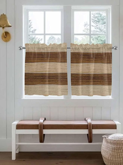 Retro Country Brown Wooden Board Window Valance Curtains, Farmhouse Gradient Plank Light Filtering Kitchen Valance with 3-inch Rod Pocket for Living Room Bathroom Bedroom,2 Panel,27.5x36In