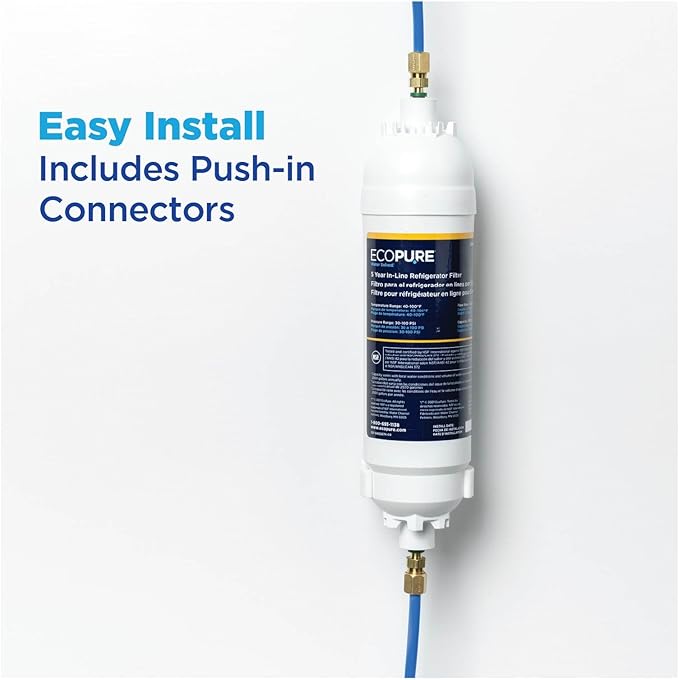EcoPure EPINL30 5-Year In-Line Refrigerator Water Filter – Universal Fit for Most Fridges, Ice Makers, RVs & Boats – Reduces Chlorine Taste & Odor – Easy DIY Install with 1/4" Fittings