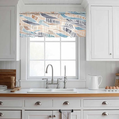 Abstract Stripes Sheer Valance Curtains, Brown Blue Gradient Wavy Lines Leaf Texture Light Filtering Kitchen Valances Rod Pocket Voile Curtain Window Treatment for Bedroom/Living Room/Basement 42Wx12L