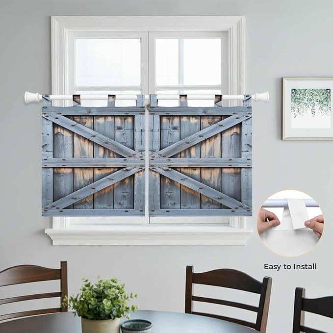 Farmhouse Wood Grain Kitchen Curtains 36 Inch Length, Small Window Curtains Tab Top, Vintage Country Barn Gate Textured Light Filtering Short Window Treatments Tier Drapes 27.5"x36" 2 Panel