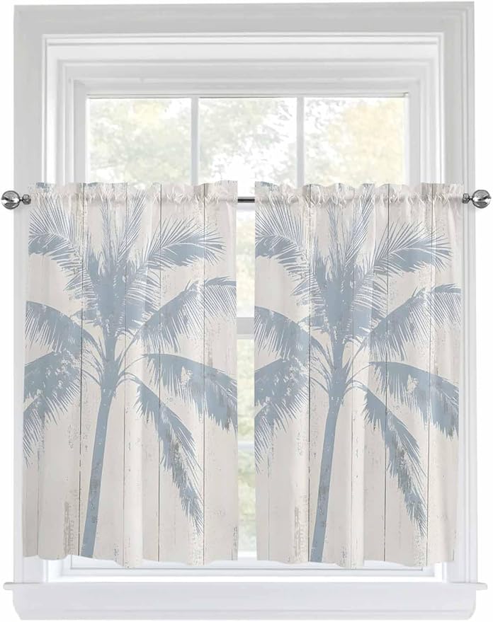 Summer Coconut Tree on Vintage Wood Grain Window Valance Curtains, Seaside Plants Light Filtering Kitchen Valance with 3-inch Rod Pocket for Living Room Bathroom Bedroom,2 Panel,42x54In