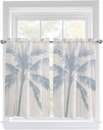 Summer Coconut Tree on Vintage Wood Grain Window Valance Curtains, Seaside Plants Light Filtering Kitchen Valance with 3-inch Rod Pocket for Living Room Bathroom Bedroom,2 Panel,42x54In