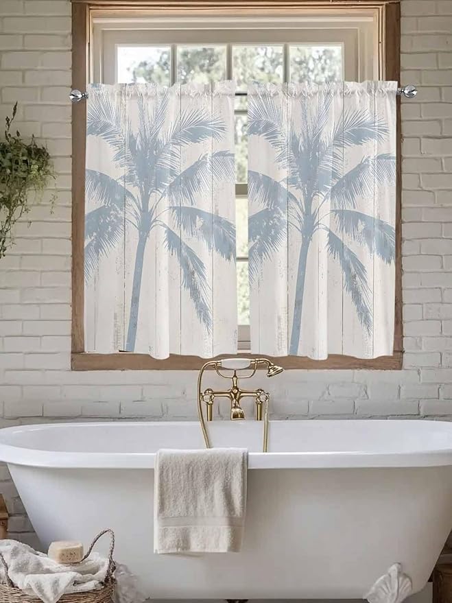 Summer Coconut Tree on Vintage Wood Grain Window Valance Curtains, Seaside Plants Light Filtering Kitchen Valance with 3-inch Rod Pocket for Living Room Bathroom Bedroom,2 Panel,52x54In
