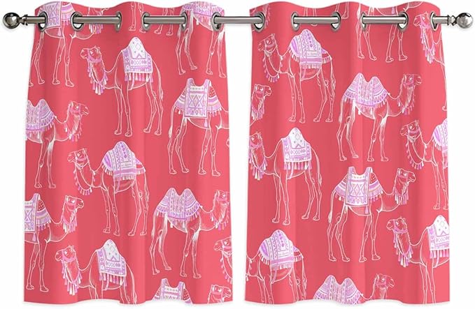 2 Panel Kitchen Cafe Curtains, Desert Camel Sunlight Filtering Nature Air Through, Home Decor Window Covering Tier Curtains for Bedroom Living Room Summer Sand Camel Animal Vintage Pink