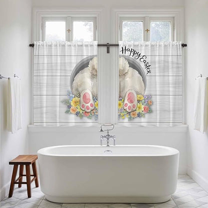 Easter Bunny Kitchen Tier Curtains 45 Inch Long 2 Panel Set,Rod Pocket Short Window Treatment,3D Optical Illusion Farmhouse Flower Wood Grain Light Filtering Curtains & Drapes 27.5"W x 45"L