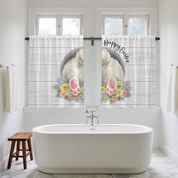 Easter Bunny Kitchen Curtains 54 Inch Long 2 Panel Set,Rod Pocket Window Curtains Panels,3D Optical Illusion Farmhouse Flower Wood Grain Light Filtering Privacy Draperies for Bedroom 42"W x 54"L