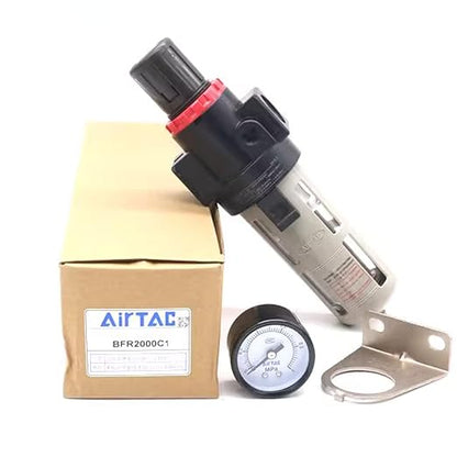 Compressed Air Pressure Filter Regulator Airtac BFR2000-C 1/4'' NPT 0-140 PSI Combo Piggybac Adjustable,Bracket,Gauge Semi-Auto Drain