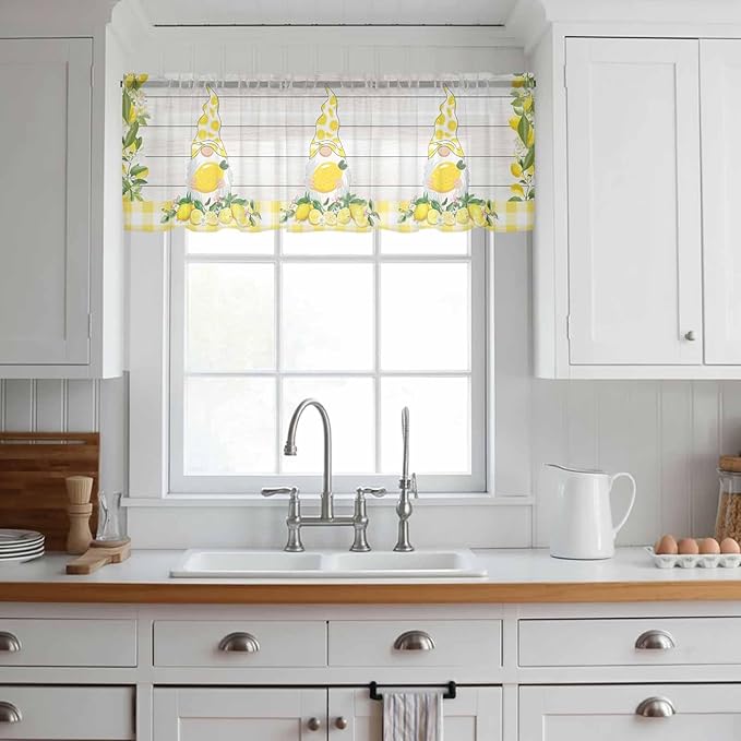 Lemon Dwarfs Sheer Valance Curtains, Gnome Green Leaf Wood Striped Yellow Plaid Light Filtering Kitchen Valances Rod Pocket Voile Curtain Window Treatment for Bedroom/Living Room/Basement 42Wx12L