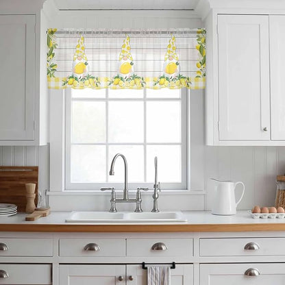 Lemon Dwarfs Sheer Valance Curtains, Gnome Green Leaf Wood Striped Yellow Plaid Light Filtering Kitchen Valances Rod Pocket Voile Curtain Window Treatment for Bedroom/Living Room/Basement 60Wx18L