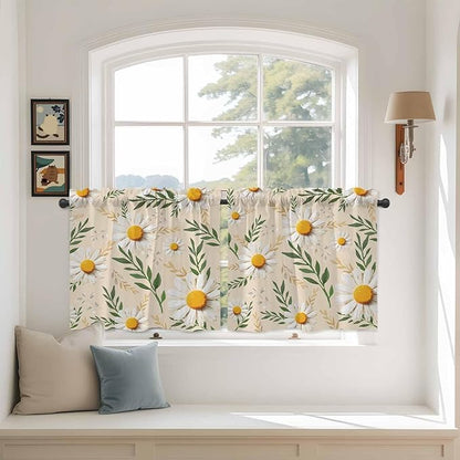 Spring Daisy Tier Curtains, Country Watercolor Flower Leaf Plant Light Filtering Kitchen Curtains, 2Pcs Rod Pocket Half Window Treatments Panels for Sink Cafe Cabinet Camper 27.5x24 Inches