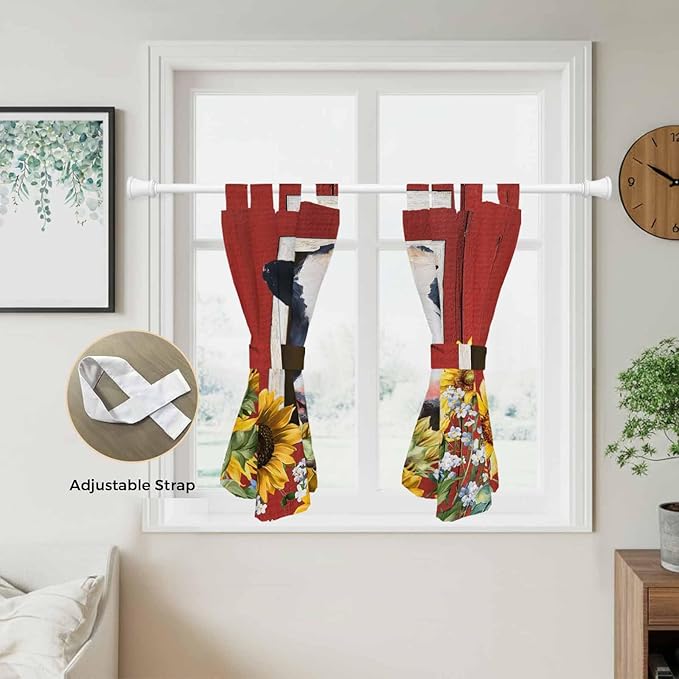 Cow Sunflowers Bedroom Curtains 63 Inch Length, Window Curtains Tab Top, Botanical Floral Leaves Bees Farm Barn Light Filtering Window Treatments Drapes 42"x63" 2 Panel