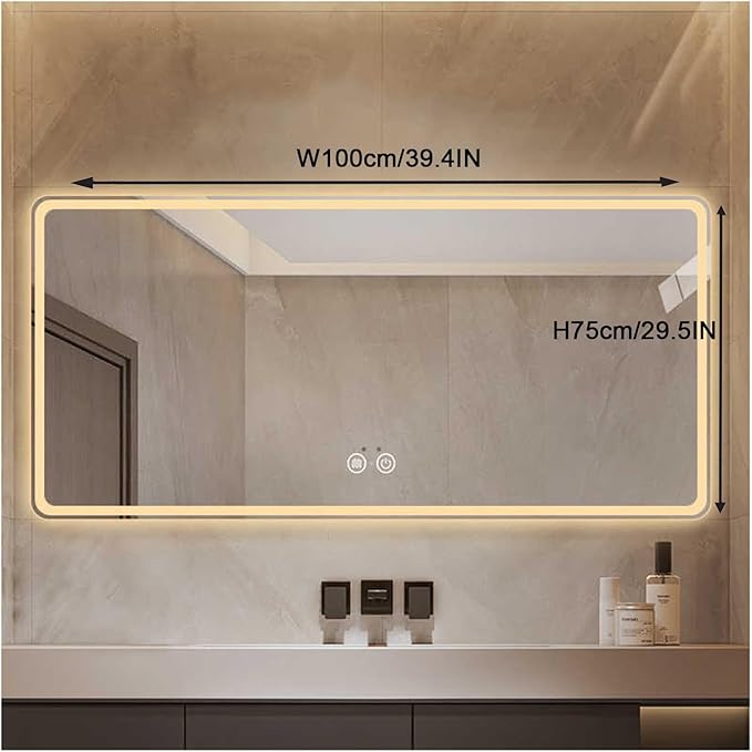 Bathroom Mirror with LED Lights，Smart Illuminated LED Bathroom Mirror，Energy-Saving LED Smart Mirrors，LED Mirror for Bathroom，with Demister Pad and Smart Touch Switch(H75*W100cm/H29.5*W39.4IN)