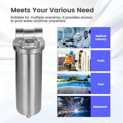 Amwater NSF/ANSI 42 Certification Stainless Steel Filter Housing for 10" Filter Cartridge, 3/4NPT Water Filter Housing, Drain Valve Style C (Square Head)