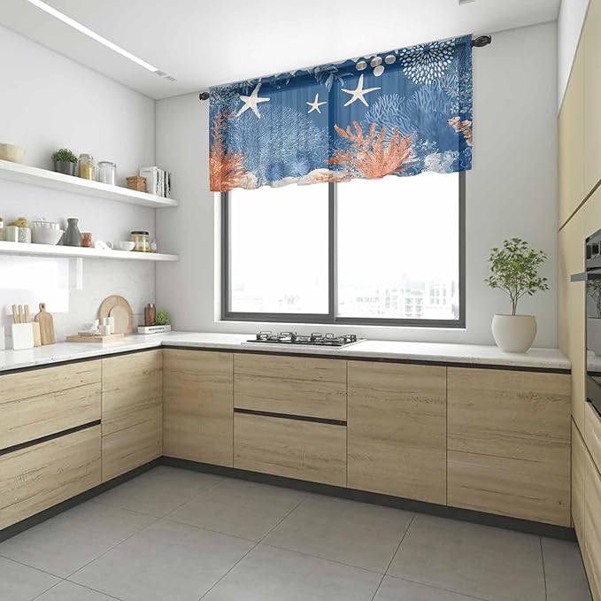 Ocean Corals Sheer Valance Curtains, Summer Beach Coral Sea Stars Dark Blue Light Filtering Kitchen Valances Rod Pocket Voile Curtain Window Treatment for Bedroom/Living Room/Basement 60Wx18L