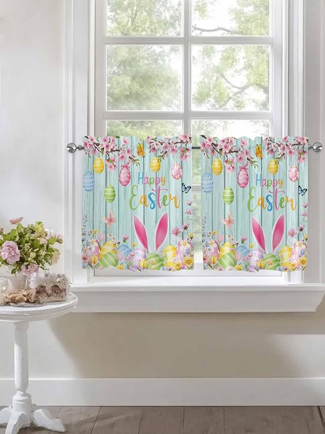 Happy Easter Half Window Curtains 24 Inches Long, Spring Bunny Eggs Flower Teal Wood Grain Window Treatment Curtain Drapes, Short Curtains Tiers for Kitchen Over Sink, 27.5"x24", 2 Panels