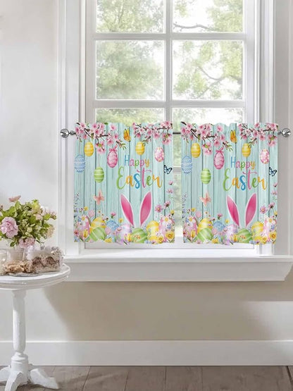 Happy Easter Half Window Curtains 24 Inches Long, Spring Bunny Eggs Flower Teal Wood Grain Window Treatment Curtain Drapes, Short Curtains Tiers for Kitchen Over Sink, 27.5"x24", 2 Panels