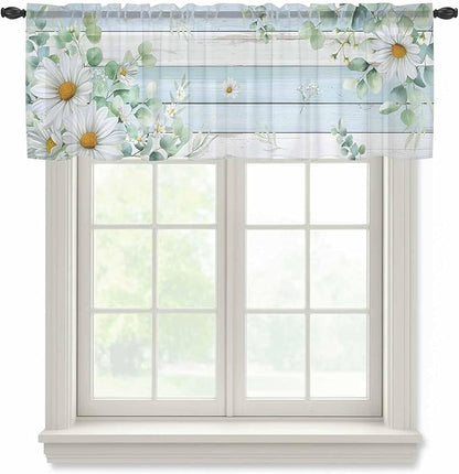 Daisy Eucalyptus Leaves Sheer Valance Curtains, Blue Wood Grain Spring Countryside Light Filtering Kitchen Valances Rod Pocket Voile Curtain Window Treatment for Bedroom/Living Room/Basement 54Wx18L