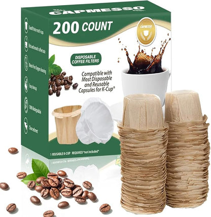 CAPMESSO Disposable Coffee Paper Filters, 200 Count Keurg Cup Coffee Filters Compatible with Keurig Brewers Reusable Single Serve 1.0 and 2.0 Coffee Maker (200 Count, Unbleached)
